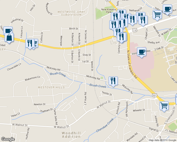 map of restaurants, bars, coffee shops, grocery stores, and more near 2504 McKinley Rd in Johnson City