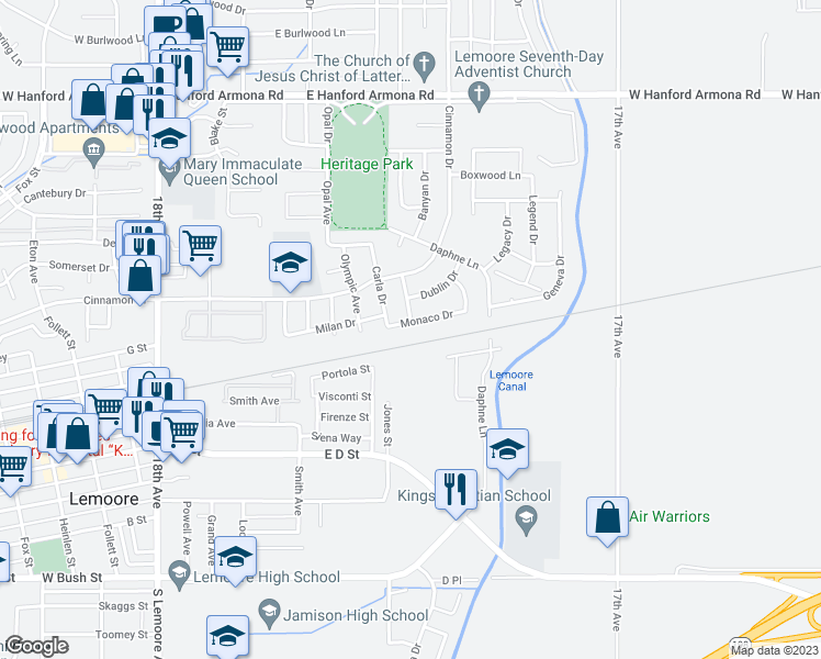 map of restaurants, bars, coffee shops, grocery stores, and more near 779 Monaco Drive in Lemoore