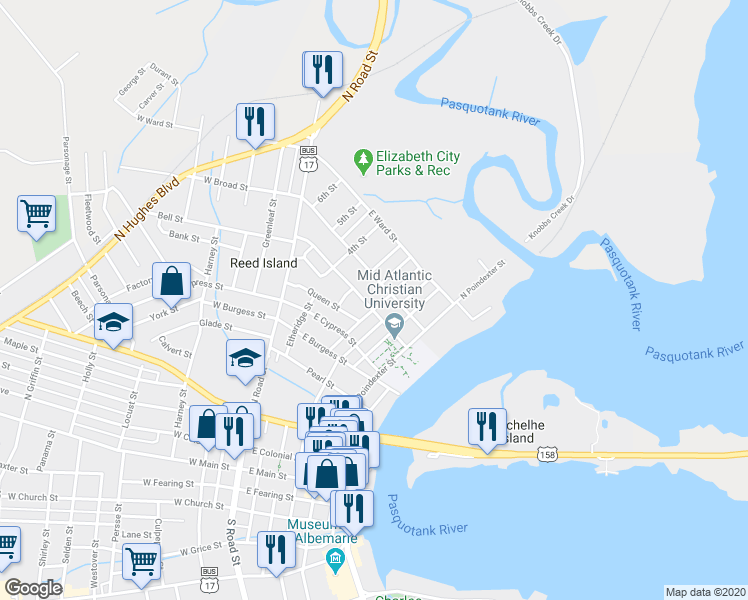 map of restaurants, bars, coffee shops, grocery stores, and more near 801 2nd Street in Elizabeth City