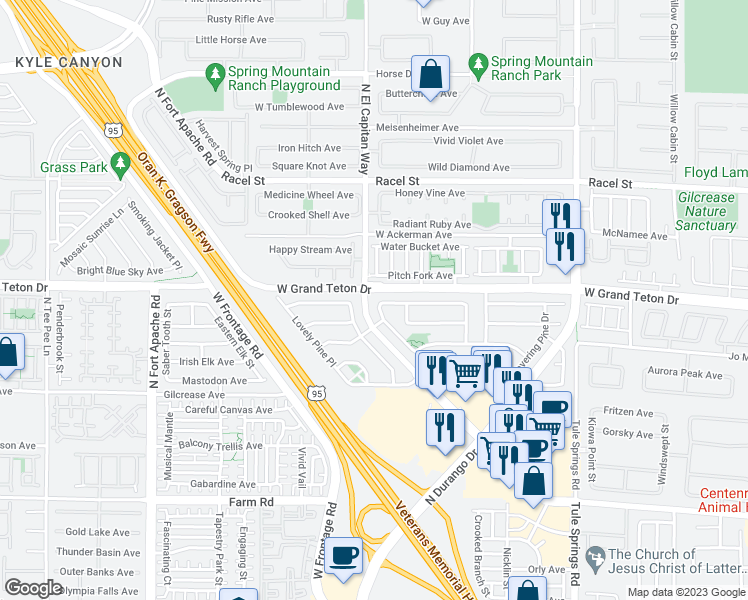 map of restaurants, bars, coffee shops, grocery stores, and more near 7981 North Willow Pines Place in Las Vegas