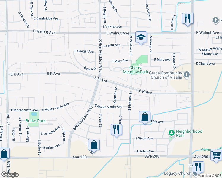 map of restaurants, bars, coffee shops, grocery stores, and more near 1805 East Country Court in Visalia