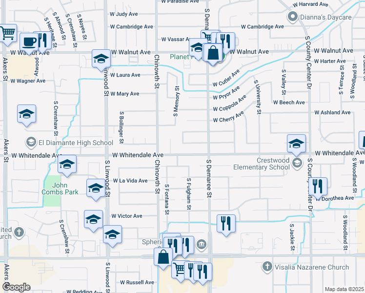 map of restaurants, bars, coffee shops, grocery stores, and more near 3849 West Country Avenue in Visalia