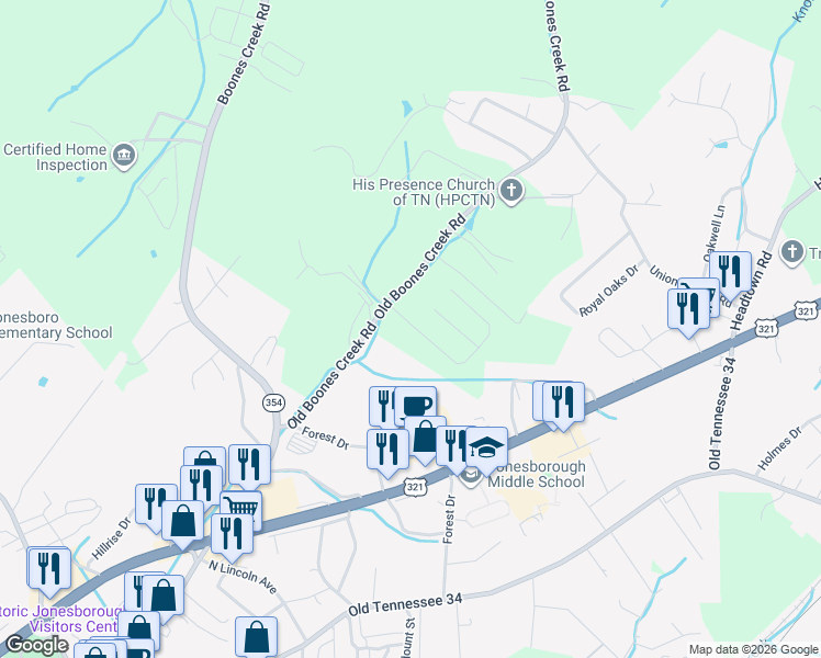 map of restaurants, bars, coffee shops, grocery stores, and more near 939 Old Boones Creek Road in Jonesborough