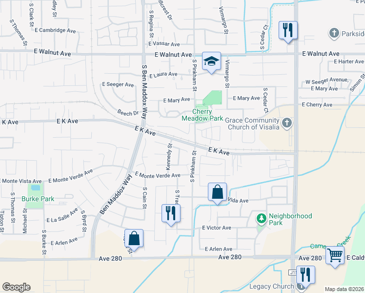 map of restaurants, bars, coffee shops, grocery stores, and more near 1926 East Country Court in Visalia