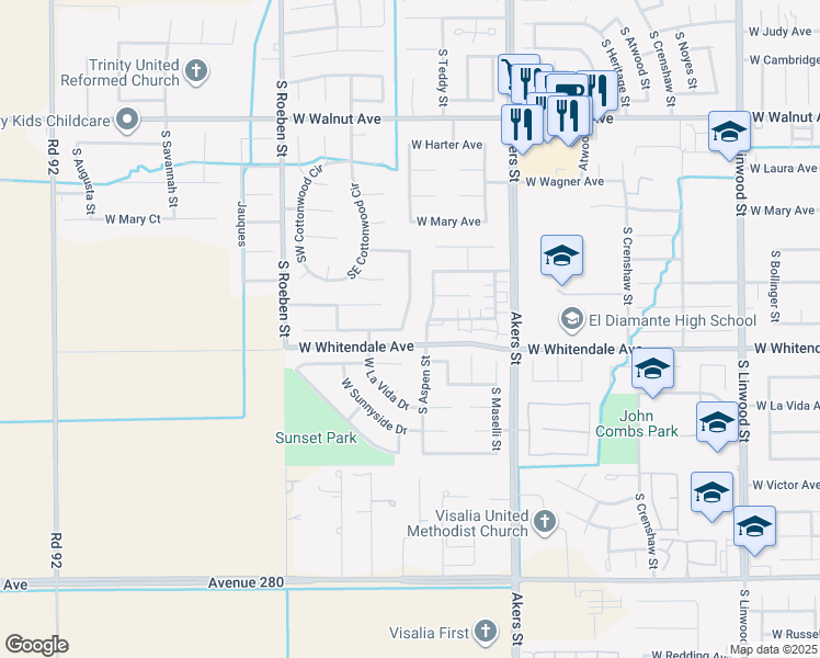 map of restaurants, bars, coffee shops, grocery stores, and more near 2650 South Peppertree Street in Visalia