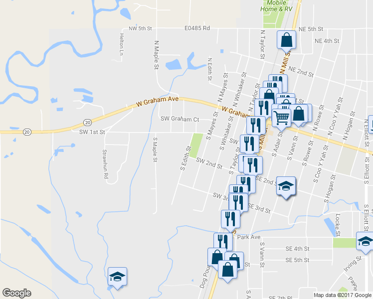map of restaurants, bars, coffee shops, grocery stores, and more near 108 South Edith Street in Pryor Creek