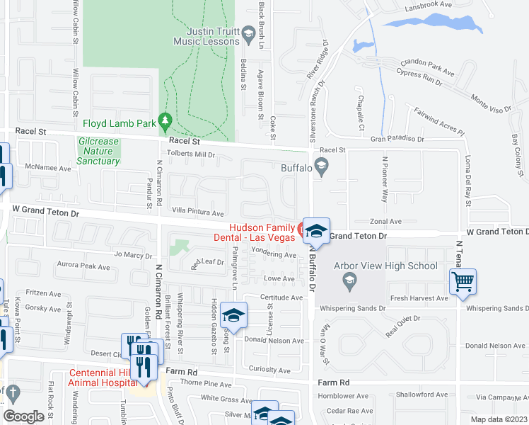 map of restaurants, bars, coffee shops, grocery stores, and more near 7714 Villa De La Paz Avenue in Las Vegas