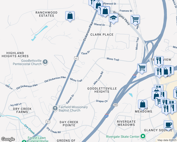 map of restaurants, bars, coffee shops, grocery stores, and more near 212B Moss Trail in Goodlettsville