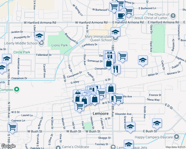 map of restaurants, bars, coffee shops, grocery stores, and more near 235 West Cinnamon Drive in Lemoore