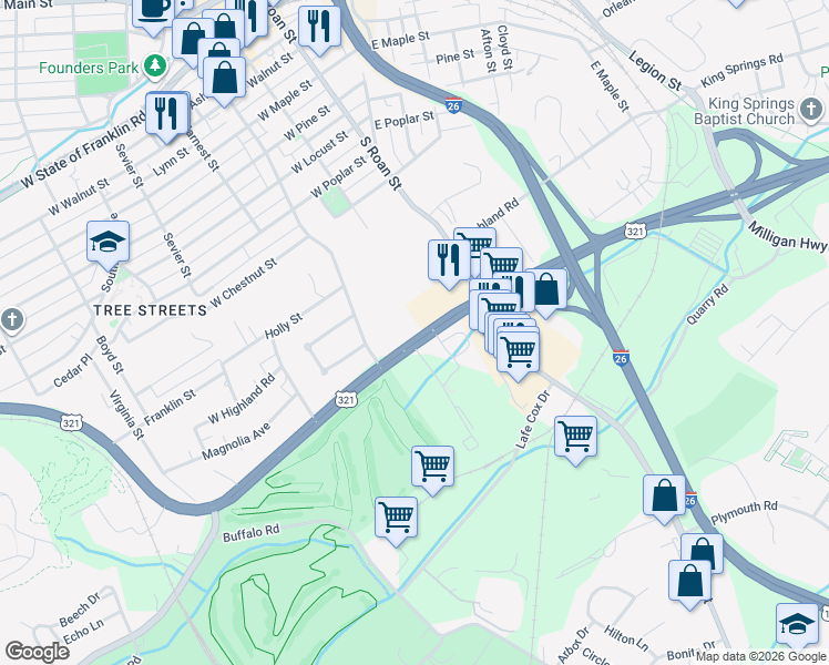 map of restaurants, bars, coffee shops, grocery stores, and more near in Johnson City
