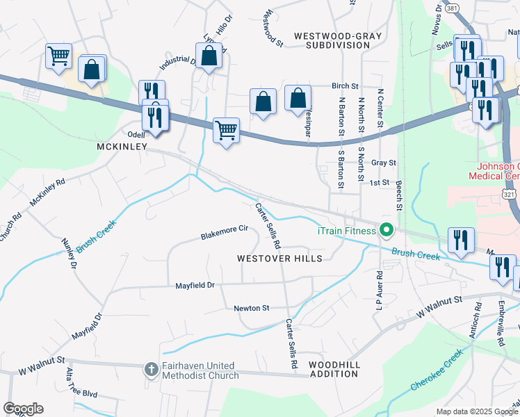 map of restaurants, bars, coffee shops, grocery stores, and more near 100 Carter Sells Road in Johnson City
