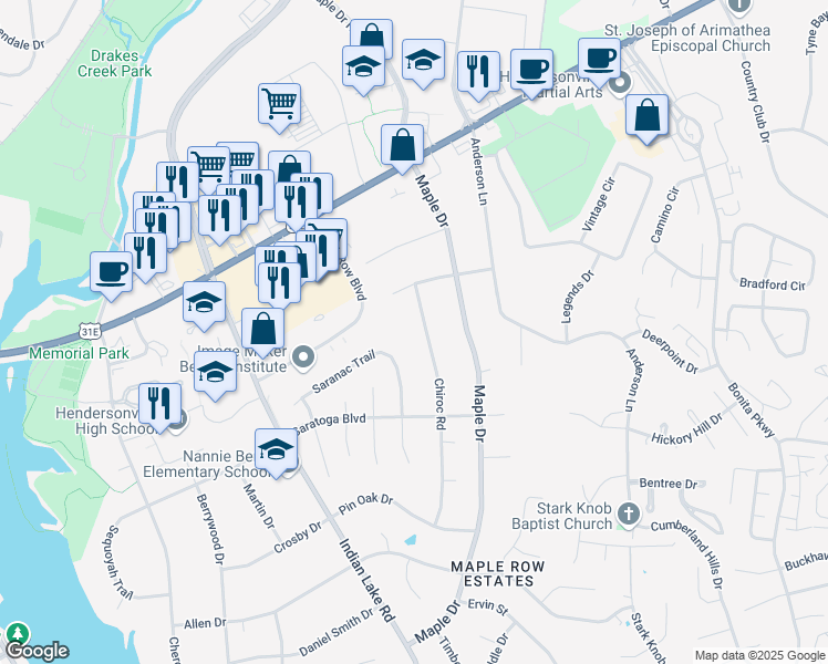 map of restaurants, bars, coffee shops, grocery stores, and more near 116 Saranac Trail in Hendersonville