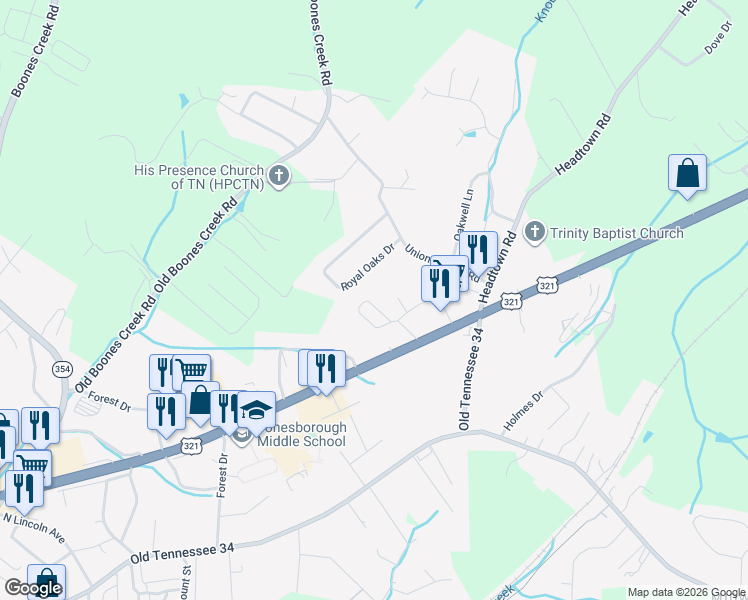 map of restaurants, bars, coffee shops, grocery stores, and more near 184 Baileigh Lyn Loop in Jonesborough