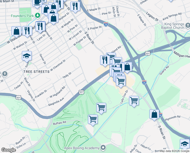 map of restaurants, bars, coffee shops, grocery stores, and more near 216 University Parkway in Johnson City