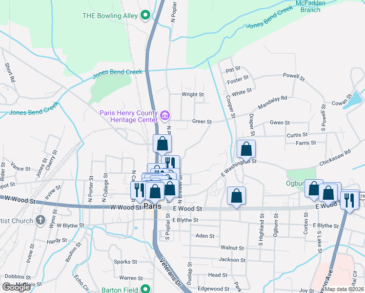 map of restaurants, bars, coffee shops, grocery stores, and more near 416 North Brewer Street in Paris