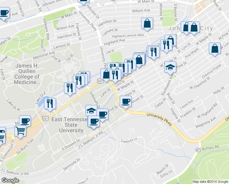 map of restaurants, bars, coffee shops, grocery stores, and more near University Pkwy & W Maple St in Johnson City