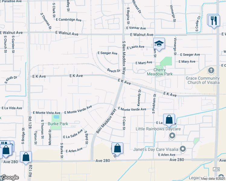 map of restaurants, bars, coffee shops, grocery stores, and more near 1502 East Mesa Court in Visalia