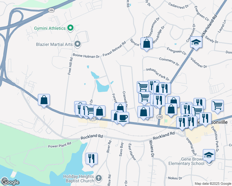 map of restaurants, bars, coffee shops, grocery stores, and more near 122 Forest Retreat Road in Hendersonville