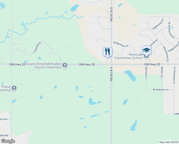 map of restaurants, bars, coffee shops, grocery stores, and more near 9794 Oklahoma 20 in Claremore