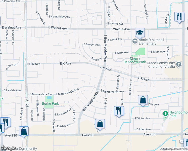 map of restaurants, bars, coffee shops, grocery stores, and more near 1502 Mesa Court in Visalia