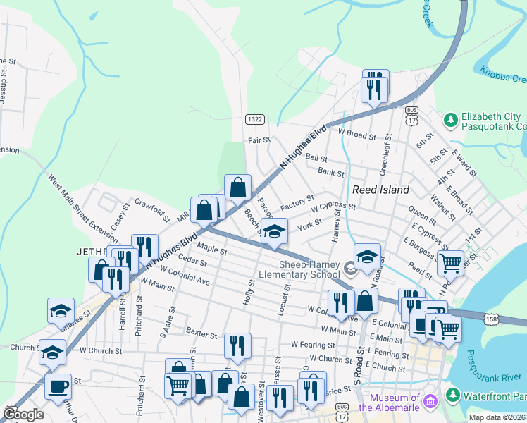 map of restaurants, bars, coffee shops, grocery stores, and more near 808 Beech Street in Elizabeth City
