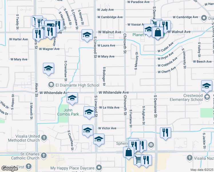 map of restaurants, bars, coffee shops, grocery stores, and more near 4305 West Country Avenue in Visalia