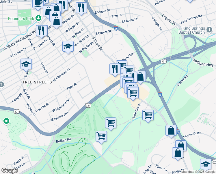 map of restaurants, bars, coffee shops, grocery stores, and more near in Johnson City
