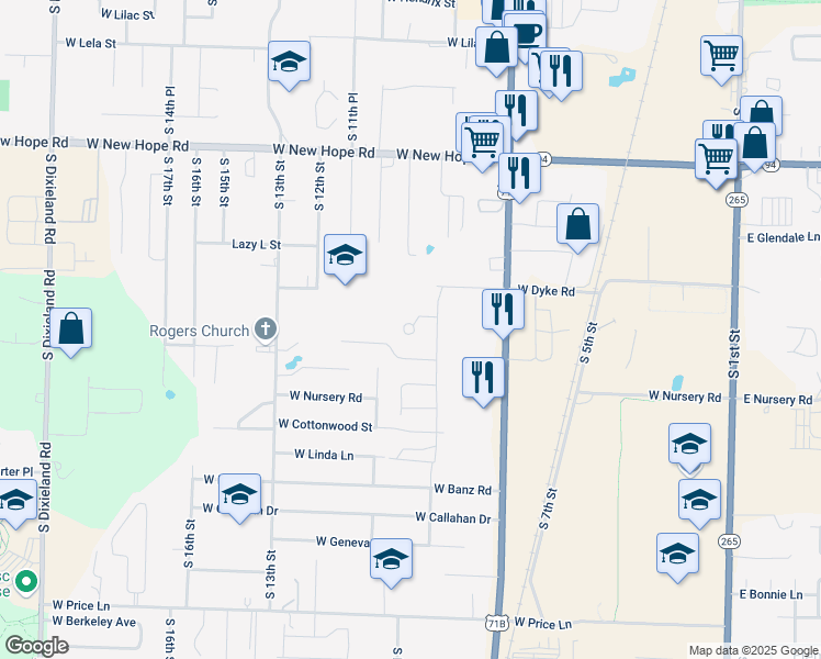 map of restaurants, bars, coffee shops, grocery stores, and more near 2122 South 9th Street in Rogers
