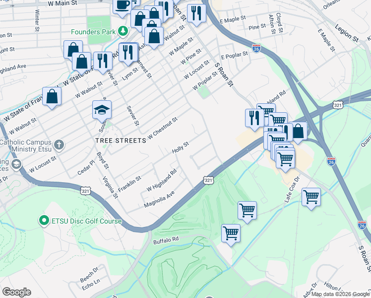 map of restaurants, bars, coffee shops, grocery stores, and more near 310 Peach Blossom Court in Johnson City