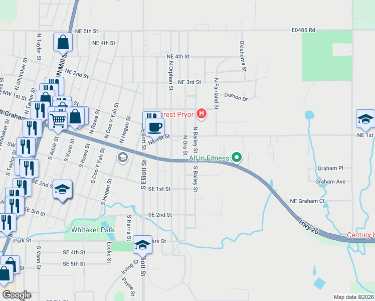 map of restaurants, bars, coffee shops, grocery stores, and more near 4 North Bailey Street in Pryor