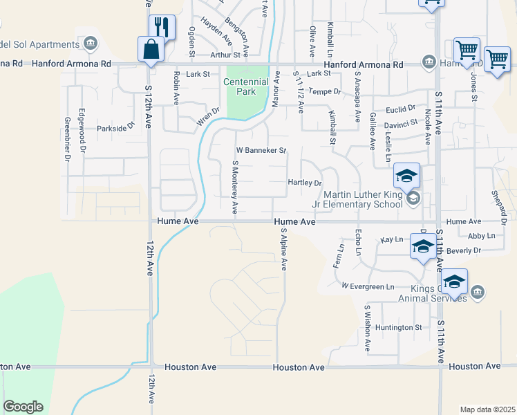 map of restaurants, bars, coffee shops, grocery stores, and more near 1378 Acres Way in Hanford