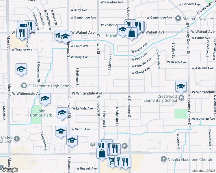 map of restaurants, bars, coffee shops, grocery stores, and more near 2704 South Fontana Court in Visalia