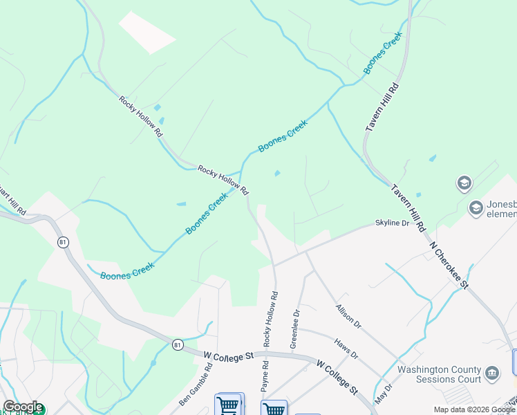 map of restaurants, bars, coffee shops, grocery stores, and more near 1558 Rocky Hollow Road in Jonesborough