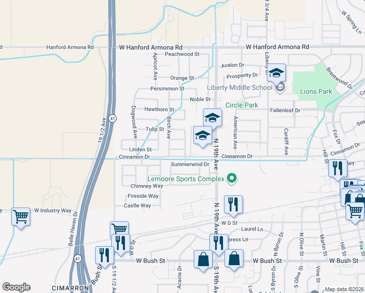 map of restaurants, bars, coffee shops, grocery stores, and more near 1421 Bay Street in Lemoore
