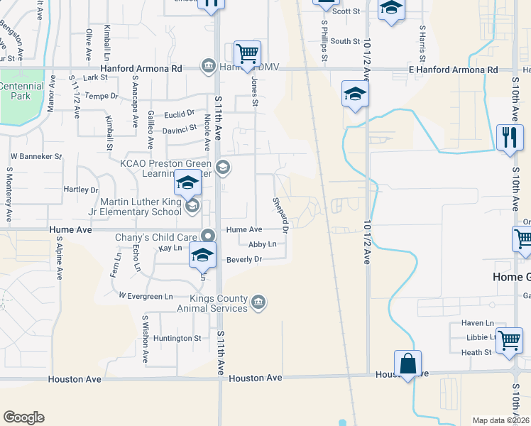 map of restaurants, bars, coffee shops, grocery stores, and more near 10840 Hume Avenue in Hanford
