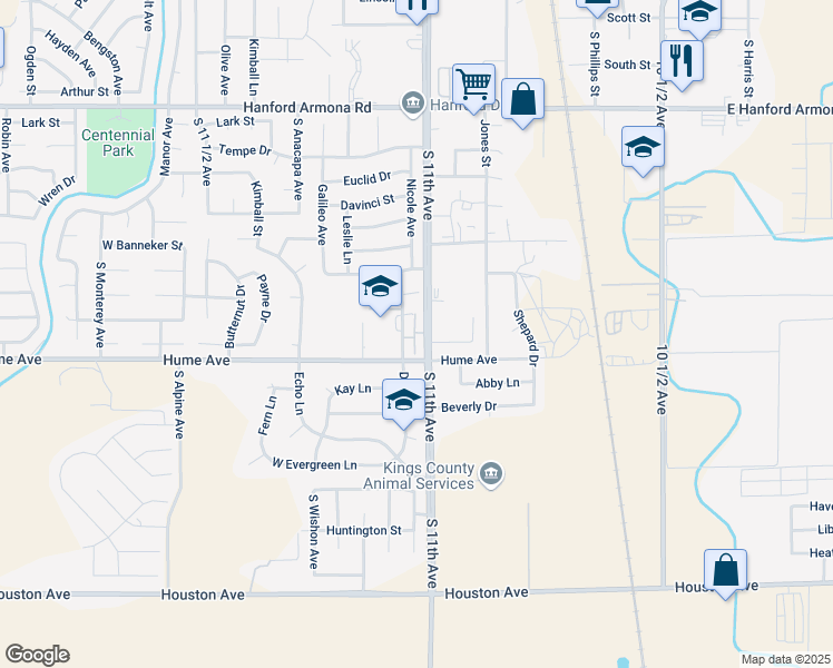 map of restaurants, bars, coffee shops, grocery stores, and more near 1468 South 11th Avenue in Hanford