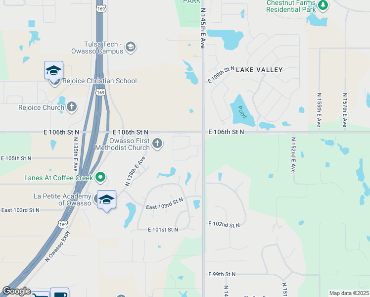 map of restaurants, bars, coffee shops, grocery stores, and more near 14100 East 106th Street North in Owasso