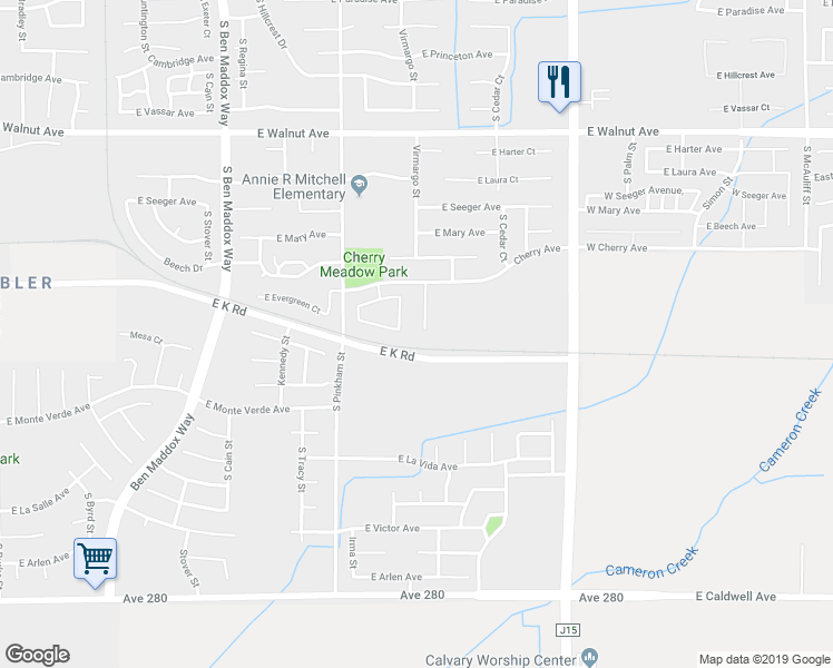 map of restaurants, bars, coffee shops, grocery stores, and more near 2637 Virmargo Court in Visalia