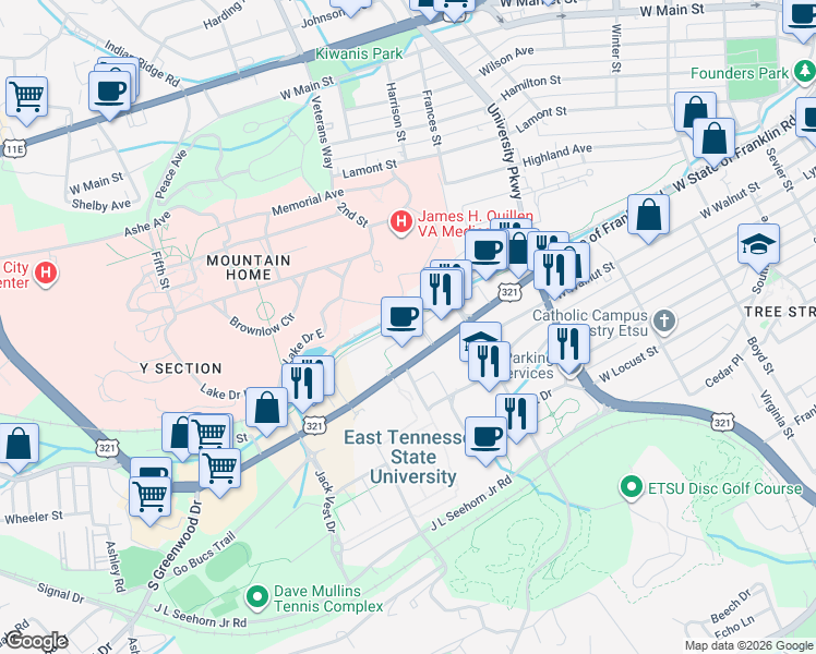 map of restaurants, bars, coffee shops, grocery stores, and more near in Johnson City
