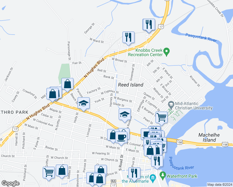 map of restaurants, bars, coffee shops, grocery stores, and more near 206 West Burgess Street in Elizabeth City
