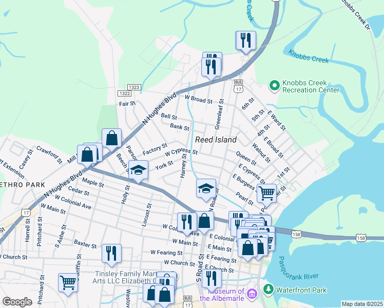 map of restaurants, bars, coffee shops, grocery stores, and more near 307 West Cypress Street in Elizabeth City