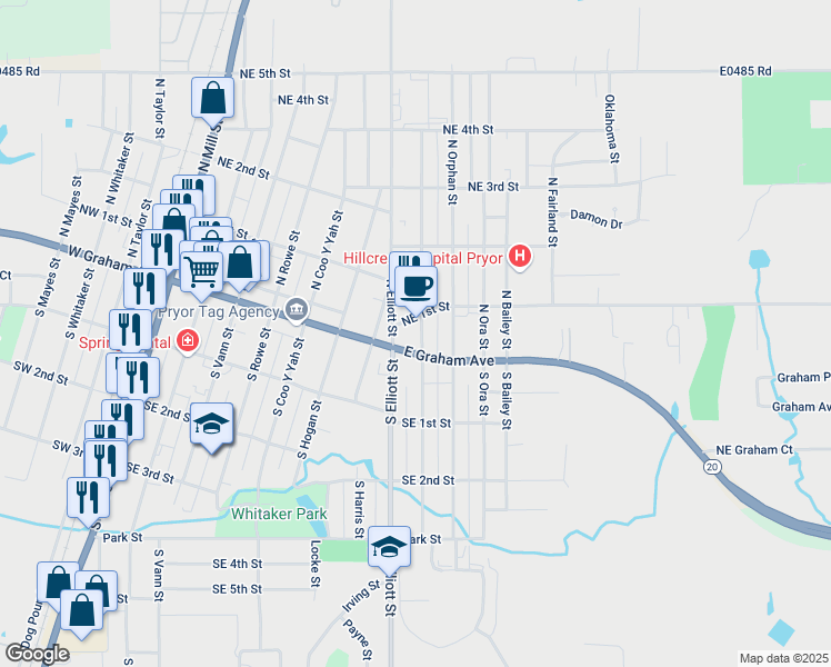 map of restaurants, bars, coffee shops, grocery stores, and more near 13 North Indianola Street in Pryor