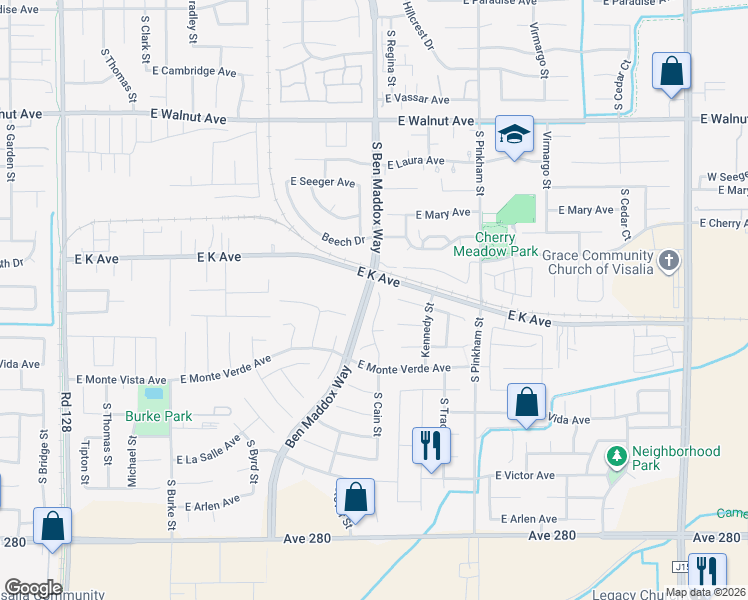 map of restaurants, bars, coffee shops, grocery stores, and more near 2600-2940 Ben Maddox Way in Visalia