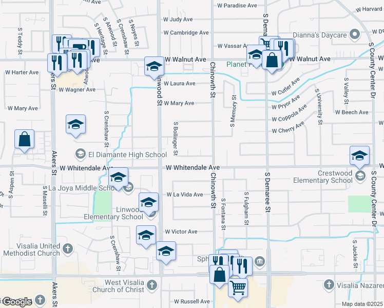 map of restaurants, bars, coffee shops, grocery stores, and more near 4230 West Country Avenue in Visalia