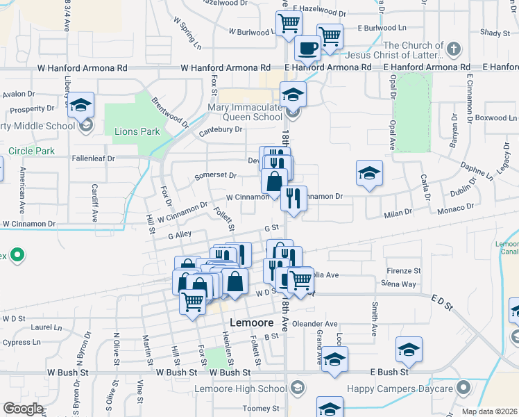 map of restaurants, bars, coffee shops, grocery stores, and more near 736 Pepper Avenue in Lemoore