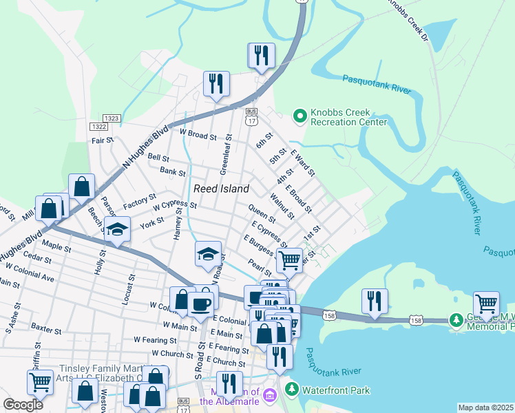map of restaurants, bars, coffee shops, grocery stores, and more near 108 East Cypress Street in Elizabeth City