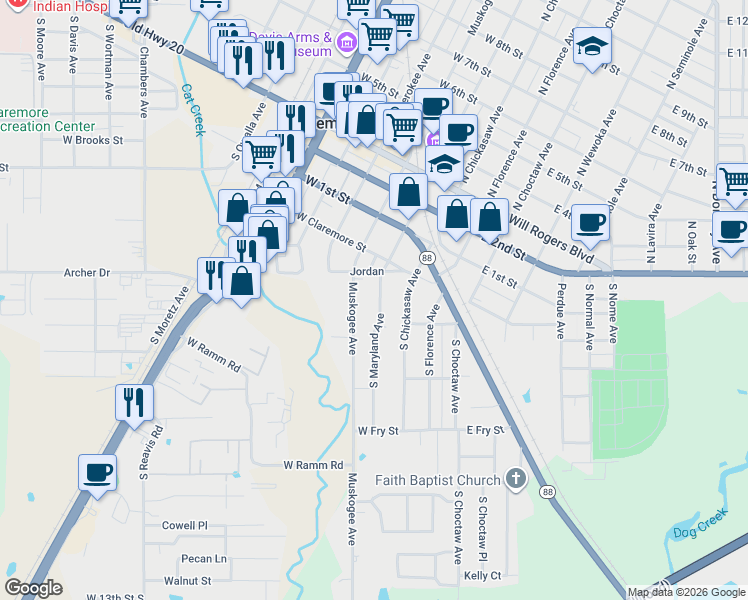 map of restaurants, bars, coffee shops, grocery stores, and more near 530 South Muskogee Avenue in Claremore