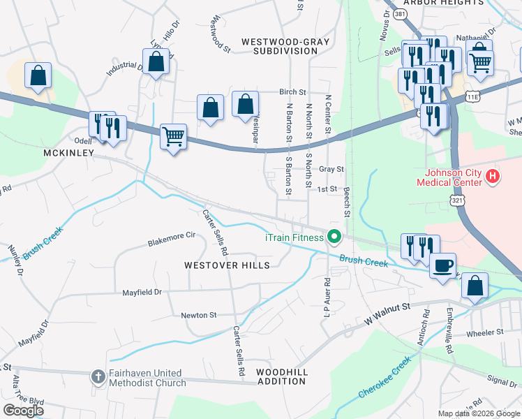 map of restaurants, bars, coffee shops, grocery stores, and more near 2801 McKinley Road in Johnson City
