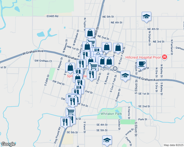 map of restaurants, bars, coffee shops, grocery stores, and more near in Pryor