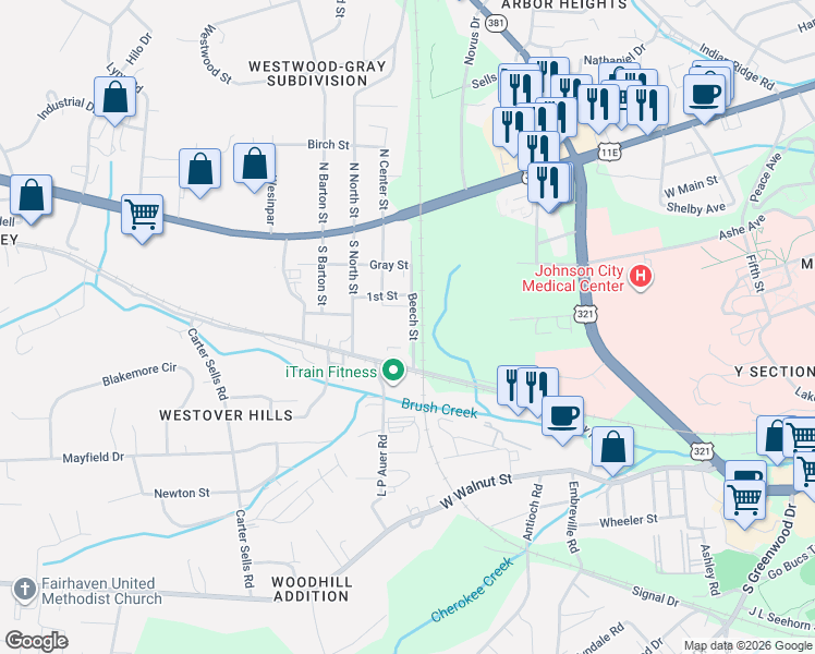 map of restaurants, bars, coffee shops, grocery stores, and more near 103 Beech Street in Johnson City